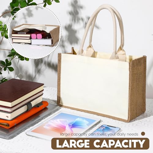 Sweetude 4 Set Jute Burlap Tote Bag with Canvas Makeup Pouch Reusable DIY Craft Blank Gift Bags for Wedding Bridesmaid(Beige)