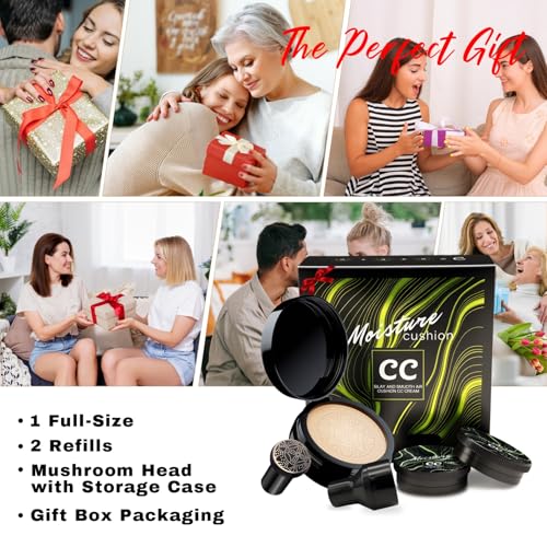 Mushroom Head Air Cushion CC Cream Gift Set for Women, 1 Full-Size Makeup Foundation with 2 Refills & 1 Special Mushroom Head Puff, Holiday Gifts for Her (Medium)