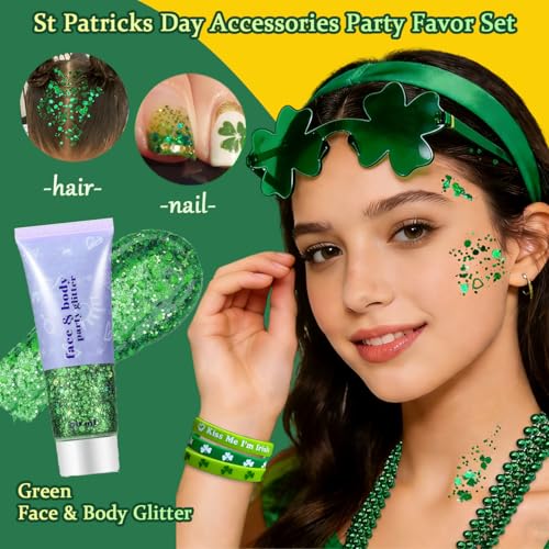 19PCS St. Patrick's Day Accessories Set, Green Face & Body Glitter, Green Glasses, Irish Bracelets, Round Bead Necklaces, Party Favors for Women and Family