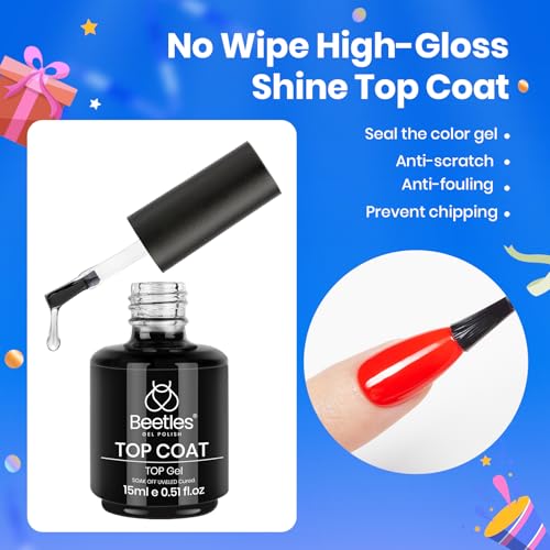 Beetles 3Pcs 15ml White Gel Nail Polish and No Wipe Gel Top Coat & Base Coat Set, Soak Off UV Lamp and Long Lasting Glossy Top Coat French Manicure Art Design Kit
