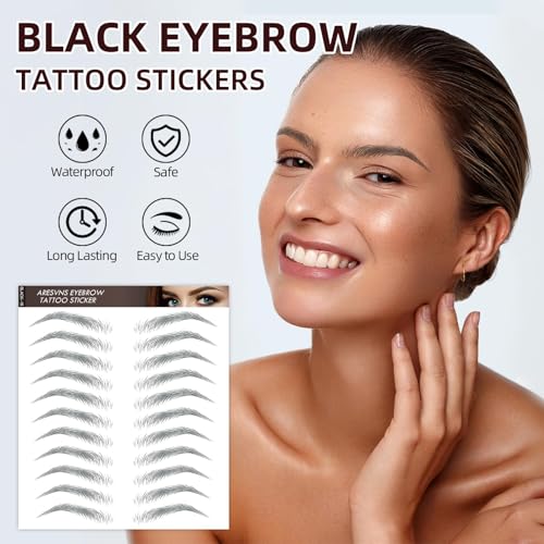 Aresvns Black Eyebrows Tattoo Sticker 66 Pairs, 4D Lifelike Imitation Tattoo Eyebrows for Women, Waterproof and Long-Lasting 3-4 days