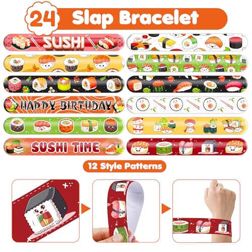 48PCS Sushi Party Set - 24PCS Temporary Pre - cut Tattoos & 24PCS Slap Bracelets - Fun Food-Themed Birthday Supplies, Baby Shower Gifts, Classroom Rewards & Party Decor for Kids (Boys & Girls)