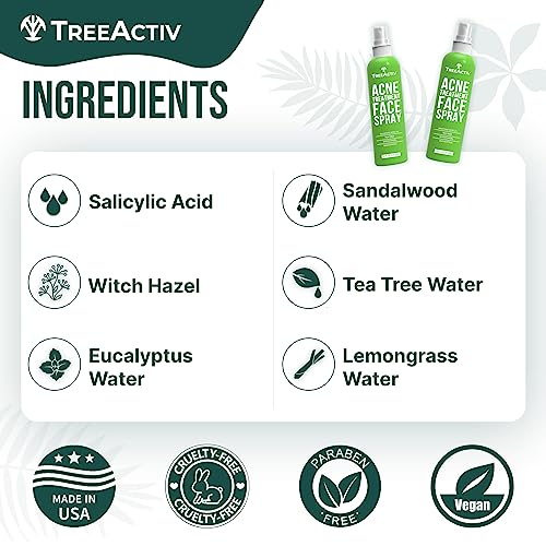 Acne Face Spray, 4 fl oz Facial Spray with Witch Hazel, Salicylic Acid for Acne Prone and Oily Skin, for Hormonal, Severe Cystic Acne, Skin Clearing Toner, 1000 Sprays