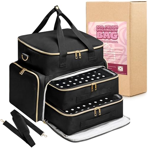 DERSTUEWE Nail Polish Organizer Case ? Waterproof Travel Bag with Hard Bottom ? Double Layer Nail Storage Bag with Adjustable Dividers & Nail Lamp Compartment (Black)