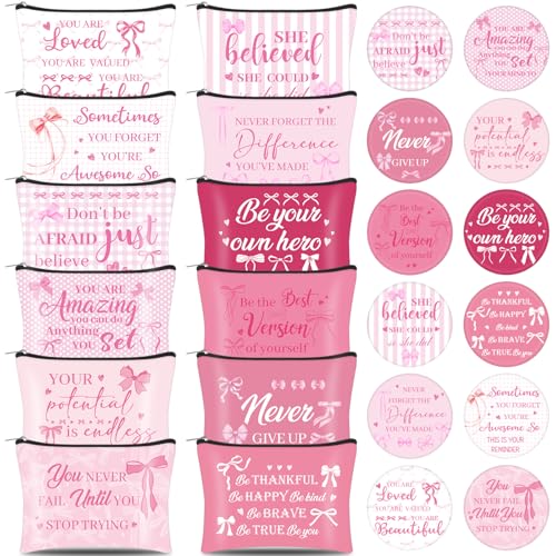 24 Sets Pink Bow Inspirational Makeup Bag with Compact Mirrors Bulk Canvas Cosmetic Bags Pink for Women Party Christmas Graduation