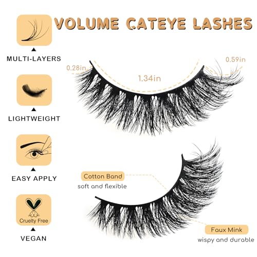 Lashes Volume Mink Eyelashes 14 Pairs Cateye Lash Strips Wispy Cat Eye Lashes Natural Look Short Thick Fluffy False Strip Eyelash Full Small Fake Lashes Pack Black Pesta?as Postizas for Women