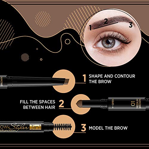 Eveline Cosmetics Brow Styler 3-in-1 Durable Multifunctional Eyebrow Pen | Medium Brown Eyebrow Make Up | Precision Brush | Natural Effect | Powder with Applicator