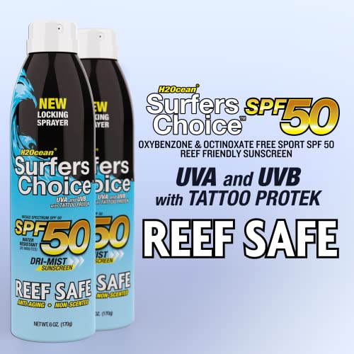 2-Pack H2Ocean Surfers Choice Tattoo Sunscreen SPF 50 UVA/UVB Sunscreen with Tattoo Protek Quick Dry Reef Safe Water Resistant