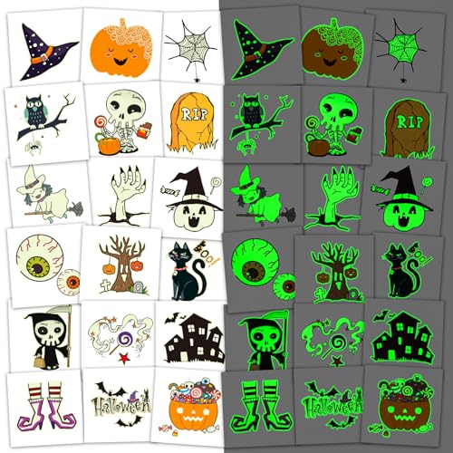 112 Pcs (2" x 2") Glow Halloween Tattoos for Kids, Luminous Halloween Temporary Tattoos for Party Favors Supplies Goodie Bags Gifts Decorations
