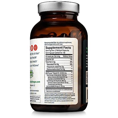 Ahiflower Oil 120 Softgels - Complete and Balanced Omega 3-6-9 Essential Fatty Acids - Plant Based No Fish Source of Vegan Healthy Fats