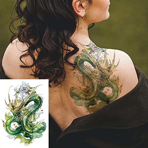 2 Sheets Arm Thigh Waterproof Fake Temporary Tattoos Sticker Green Chinese Dragon