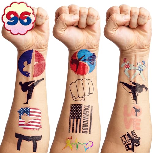 96PCS Taekwondo Pre-Cut Temporary Tattoos - Karate & Kung Fu Themed Party Favors, Cute Fake Tattoos for Kids, Boys, and Girls - Birthday Party Supplies, School Rewards & Gifts