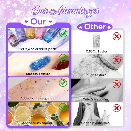 AROIC Body Glitter Stick - 6 Pack Mardi Gras Face & Hair Glitter with Chunky Sequins, Waterproof Sparkling Face Paint with Fruit Scent for Women Singer Festival Makeup Concert Party Rave Accessories