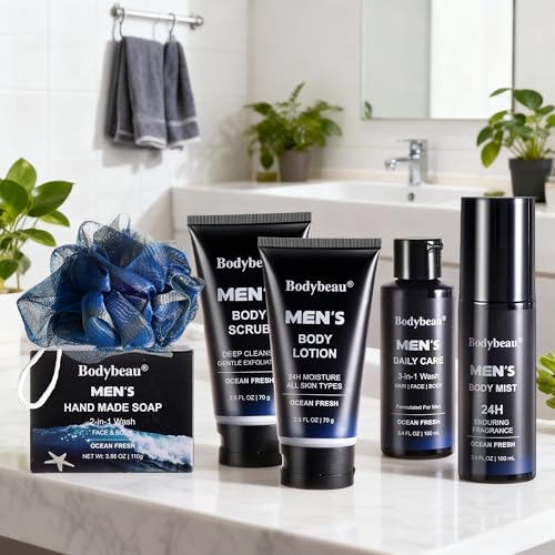 Men's Bath and Body Spa Gift Set - 7-Piece Kit with Daily Care 3-in-1 Wash, 2-in-1 Handmade Soap & Travel Bag - Father's Day/Birthday/Christmas Gifts for Dad, Husband Son from Family
