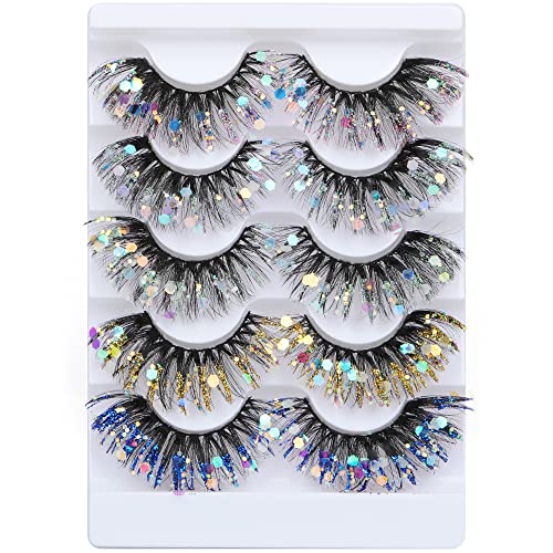 Zegaine Glitter Colored False Eyelashes Wispy 5 Pairs Dramatic Cat Eye Festival Lashes Pack 5 Styles