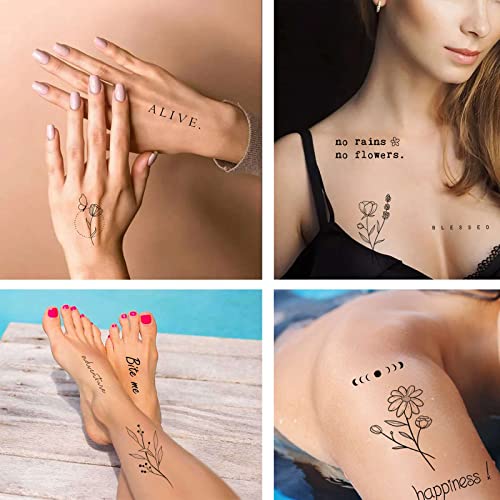 Realistic Temporary Tattoo 48 Designs Quote Word Inspirational Words Wild Flower Floral Bouquet for Women Girls
