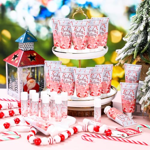 48 Set Christmas Candy Peppermint Cane Lip Balm and Body Lotion Bulk Christmas Hand Cream for Women Peppermint Lip Balm for Women Men Travel Size Body Lotion Gift