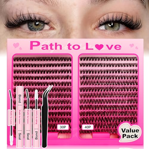 560pcs Lash Clusters Kit with Bond,Seal and Tweezers, Eyelash Extensions 9-16mm, D Curl, 30D+40D Natural Wispy Cluster False Soft Individual Lashes
