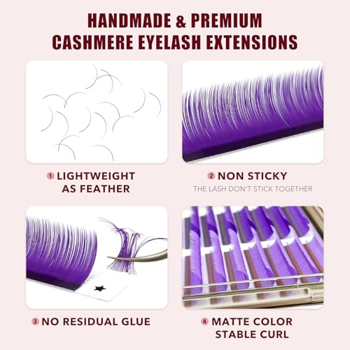 Colored Lash Extensions, 32 Rows Cashmere eyelashes, 0.07 D Curl12-15mm Mix Classic Eyelash Extensions, Single Lash Extensions for Professional Salon Use (32 Rows-Purple Ombre 0.07-D 12-15£©