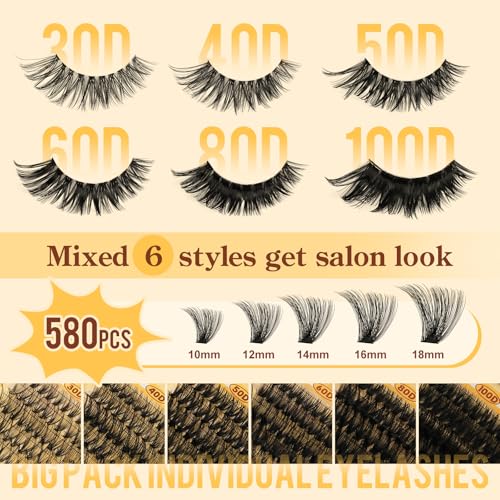 QUEWEL 580PCS Lash Clusters Kit 30D+40D+50D+60D+80D+100D Lashes Clusters Kit 10-18mm Cluster Lashes Individual Eyelash Clusters Reusable for Natural DIY Cluster Eyelash Extensions for Beginners