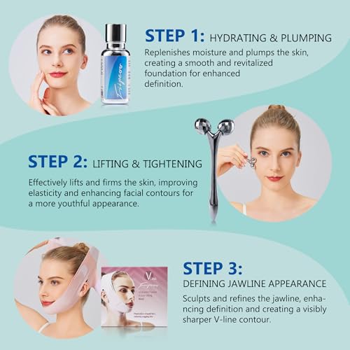 V Line Lifting Mask for Women, Double Chin Strap w/Hyaluronic Acid Serum & 3D Face Roller for Tightening and Firming | Comfortable, Adjustable, and Pressure-Free (Pink, M-L)