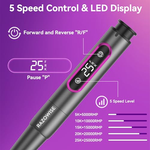 Portable Electric Nail Drill File 5 Speeds 12 in 1 with LED Display Rechargeable Professional Efile for Natural Acrylic Gel Powder Manicure Pedicure Nails, Pink