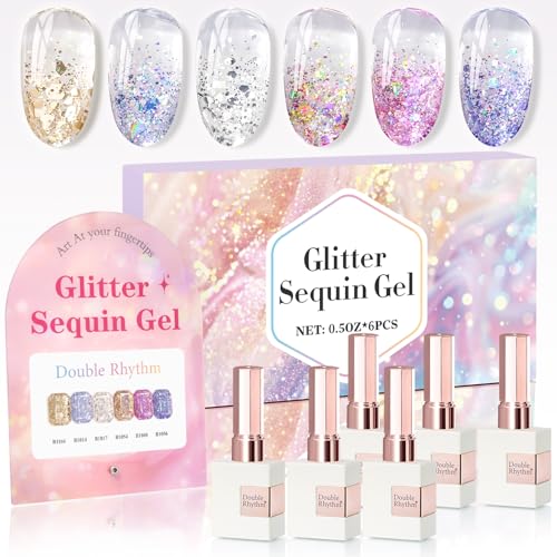 Double Rhythm 0.5 Oz Glitter Gel Polish Set of 6 Color with Display Board 15 ml Full Size Kit Shimmer Reflective Sparkle Soak Off Manicure Salon DIY at Home (Gold Blue Silver Purple Pink-T6-37)
