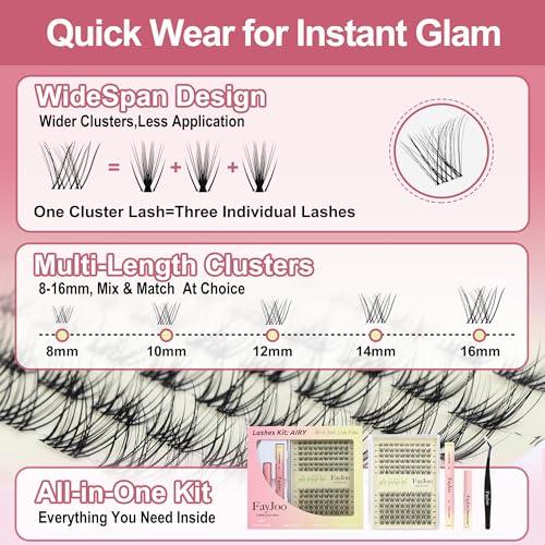 Natural Wispy Soft Lash Clusters Kit with 0.05mm Invisible Band, C Curl 8-16mm, DIY Salon Eyelash Extensions with Bond Seal Remover Tweezer, FayJoo AIRY 11 Kit