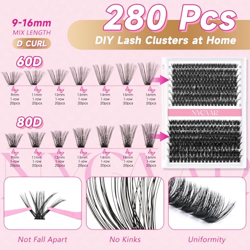 DIY Lash Extension Kit 280Pcs Individual Eyelash Extension Kit 60D80D 0.07D Curl 9-16MIX Lash Clusters Kit with Lash Glue Remover Applicator Easy to Use for Beginners