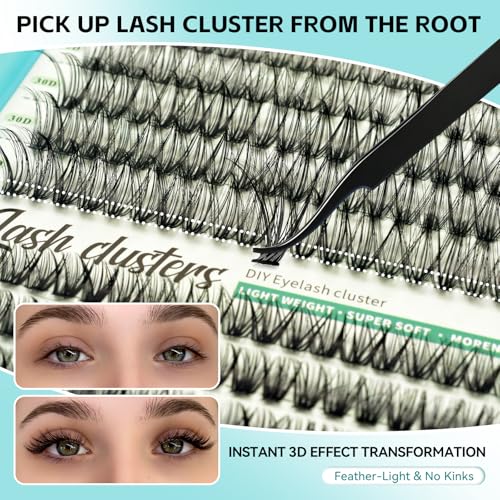 600 Pcs Wispy Lash Clusters Kit, D Curl Lashes Clusters Natural Look 9-16mm Individual Super Thin Band DIY Cluster Eyelash Extensions Kit with Bond Seal Tweezers Brush (30D 40D 50D Mix)