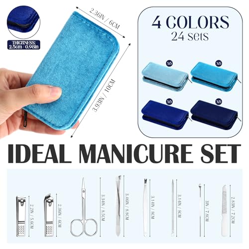 Coume 24 Sets Mini Manicure Set Bulk for Women Men Gifts for Coworkers Nail Grooming Kit 8 in 1 Nail Clippers Kit Luxurious Travel Case Stainless Steel Nails Clipper Set(Blue Series)