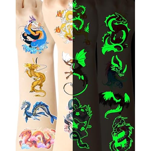 140 Pieces Luminous Dragon Temporary Tattoos Dragon Party favors for Kids Adults,Glow in The Dark Dragon Tattoos Stickers Party Supplies Dragon Birthday Party Favors Goodie Bag Fillers