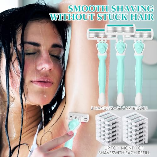 Lasnten 39 Pcs Disposable Women Razors 6 Blade Sensitive Skin Shaving Razor Set Include 3 Non Slip Handles and 36 Refills(Green)