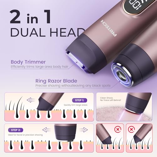 PRITECH Bikini Trimmer for Women, 2-in-1 Painless Electric Razors for Silk Skin, Portable Lady Shaver for Women Private Area, Face, Legs & Underarms, Wet/Dry LED