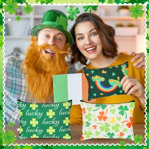Abbylike 24 Pcs St. Patrick's Day Canvas Makeup Bags Bulk Irish Gifts for Women Shamrock Clover Cosmetic Bags Toiletry Storage Zipper Pouch Travel Purse Toiletry Pocket Organizer for Irish Party Favor