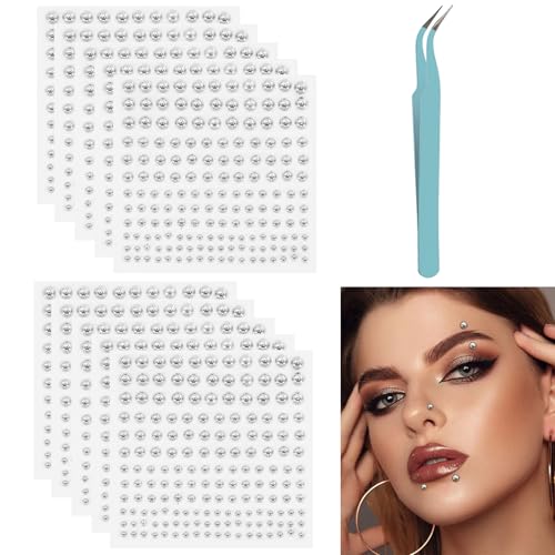Face Gems Fake Piercings, 1650 Pcs Fake Eyebrow Piercing Y2k Accessories Nose Stud Eyebrow Stud, Non-Piercing Nose Stud with 1 Clip, Face Sticker Ring Cool Punk Y2K Makeup for Women Men, Silver