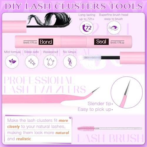 Lash Clusters Kit with Spikes Volume Cluster Eyelash Extension Kit Spiky Eyelash Clusters Wispy Lash Extension Kit 200D Individual Lashes with Lash Glue and Tweezers DIY at Home by zanlufly