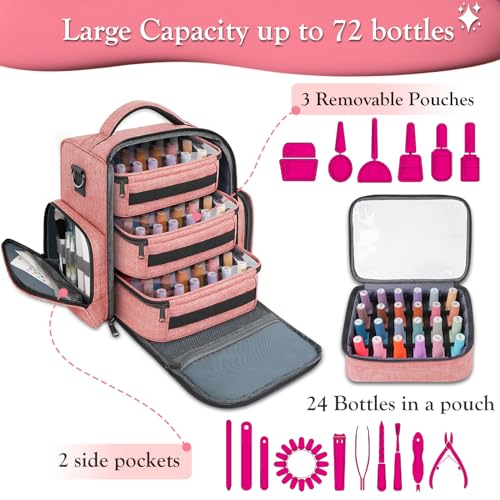 YOREPEK Nail Polish Organizer Holds 72 Bottles (15ml-0.5 fl.oz) Large Nail Polish Carrying Case with 3 Removable Pouches and 4 Zippered Pockets for Manicure Tools, Supplies, Nail Lamp, Gift for Women
