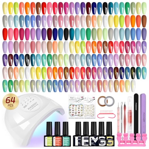 phoenixy Gel Nail Polish Kit with U V Light 64 Pcs Gel Nail Set 45 Rainbow Colors Nail Polish Set Base Coat & 4 Effects Top Coat Manicure Tools Complete Nail Kit Gifts for Women Girls