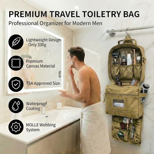 Mens Toiletry Travel Bag, Tactical Toiletry Bag for Men, Bathroom Hanging Toiletry Bag for Men Shaving Hygiene Bag Travel Toiletry Organizer Short Trips Bag, Brown