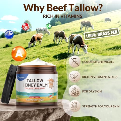 Beef Tallow for Skin - 100% Grass Fed - Whipped Tallow and Honey Balm£¬Moisturizer Cream for Face & Body -Natural Organic Formula for Dry & Sensitive Skin (Citrus Breeze) (4 oz)