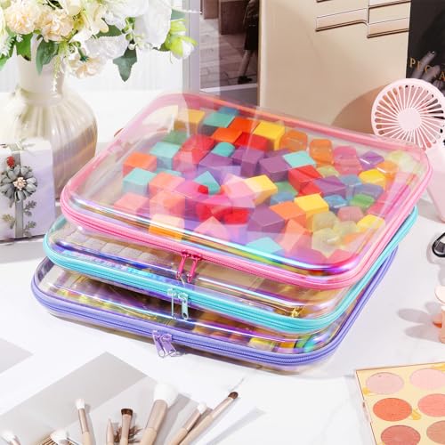 Hoolerry 3 Pcs Clear Hard Zipper Case Makeup Bag Plastic Zipper Pouch Christmas Storage Case Portable Travel Organizer Bin for Cosmetics, Building Blocks, Puzzles(Laser,L)