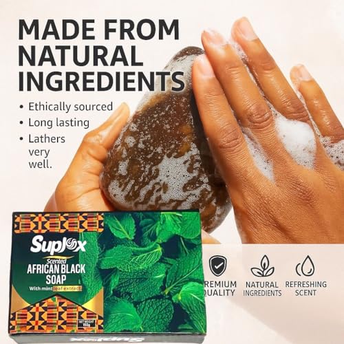 Raw natural authentic organic African black soap bar for acne and dark spots, face and body ghana black african soap scented with mint.