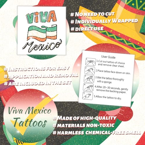 winthrop 120 Pcs Glitter Mexican Independence Day Temporary Tattoos, Individually Wrapped Waterproof Safety Mexico Themed Tattoos, Best Choice for September 16th Viva Mexico Party, 60 Designs