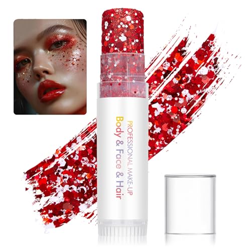 Body Glitter Stick for Face, Body & Hair - Red & Pink Chunky Sparkle Glitter, 2 Pack | Long Lasting Party Makeup for Festival, Rave, Concert & Cosplay
