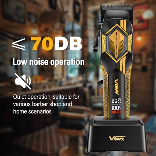 VGR 119 Professional Cordless Hair Clippers for Men, Rechargeable Barber Clippers with Base, Lithium-ion Battery Hair Cutting Machine with BLDC Motor and Ceramic Blades for Home and Barber, Gold