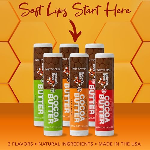 Nature's Bees Cocoa Butter Lip Balm, Lip Care for Dry Lips, Coconut Oil, Beeswax, Vitamin E, Aloe, & Shea Butter, 0.15 oz Each, 3 Flavors Coconut, Cherry, and Mint, 24 Pack - Packaging May Vary