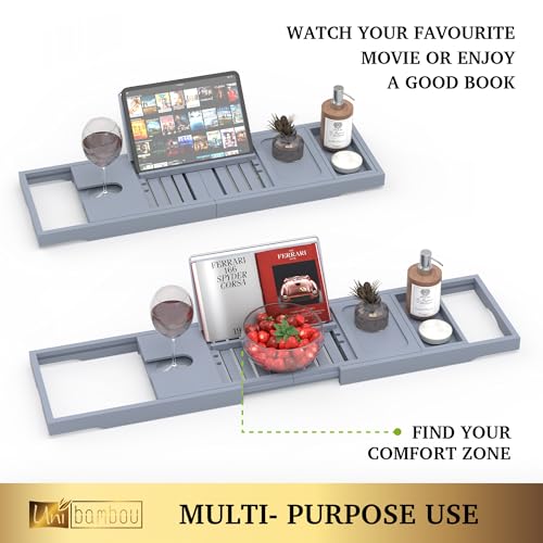 Foldable Bathtub Tray - Expandable Bamboo Bath Caddy Tray for Tub - Luxury Wood Bath Accessories, Perfect Spa Experience for New Home - Unique House Warming Gifts for Mom, Women, Couples