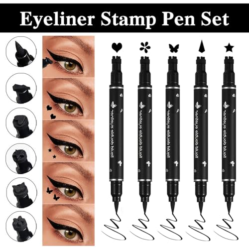 5Pcs Liquid Winged Eyeliner Stamp Pen Set, Dual-Ended Liquid Eyeliner for Perfect Wing Cat Eyes, Waterproof Smudge-Proof Stamp for All Eye Shapes (Star,Heart,Flower,Butterfly,Triangle)
