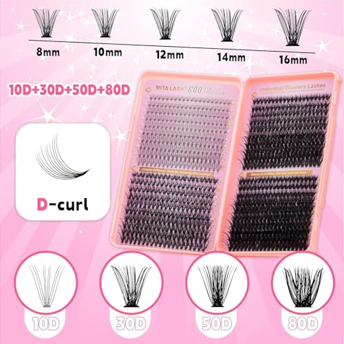 Lash Extension Kit DIY Lash Clusters 800pcs Cluster Lashes Individual Lashes Book Set Eyelash Extension Kit with Lash Bond and Seal,Lash Remover,Lash Tweezers(10D+30D+50D+80D Kit,8-16mm)